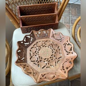 Carved Wooden Mail Holder and Tray